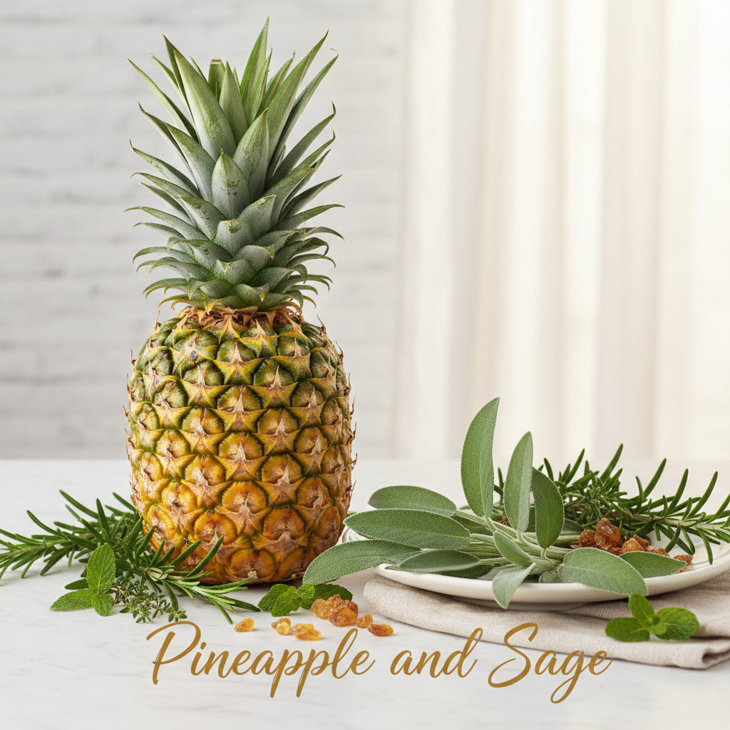 Bright, juicy pineapple adds a tropical twist to this fresh herbal blend, perfectly balanced by earthy sage and aromatic rosemary. Crisp green notes bring a clean, calming finish, while warm amber and a hint of anise add depth and softness. Pineapple & Sage is a refreshing yet relaxing fragrance that feels both uplifting and grounding—ideal for candles, wax melts, and home fragrance products that create a serene, spa-like atmosphere. add the words pineapple and sage during creation 