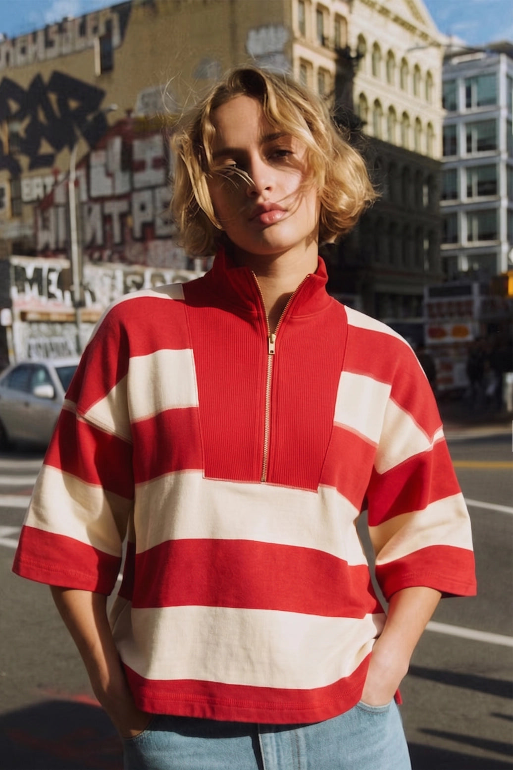 Front Zip Neck 3/4 Sleeve Pullover Stripe Top