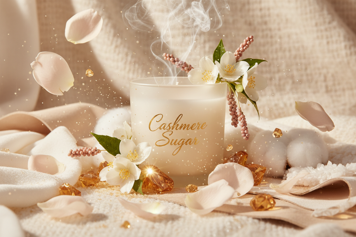 Cashmere Sugar is the ultimate cozy indulgence—soft, warm, and irresistibly comforting. Wrap yourself in the feeling of a plush cashmere blanket as delicate white jasmine and a hint of pink peppercorn create a gentle, inviting opening. The heart unfolds with romantic tea rose petals, golden amber, and soft cotton, adding warmth and elegance. A dreamy base of cashmere musk, sun-kissed suede, and spun sugar lingers on the skin, leaving a sweet, luxurious finish that feels both soothing and sophisticated. 