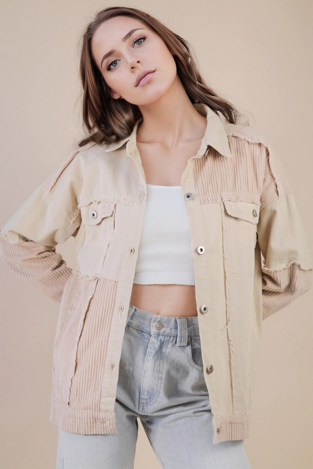 MINERAL WASHED COLOR BLOCK BUTTON DOWN JACKET