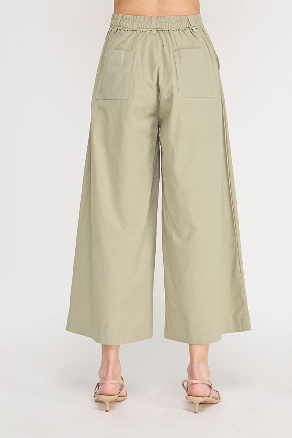 Woven Elastic Back Button Front Tie Waist Wide Leg Pleat Pant