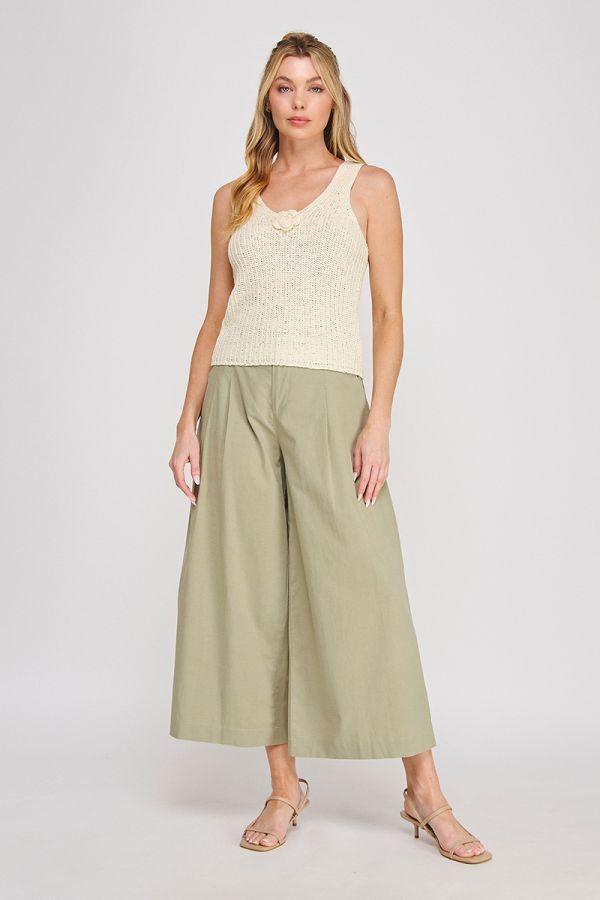Woven Elastic Back Button Front Tie Waist Wide Leg Pleat Pant