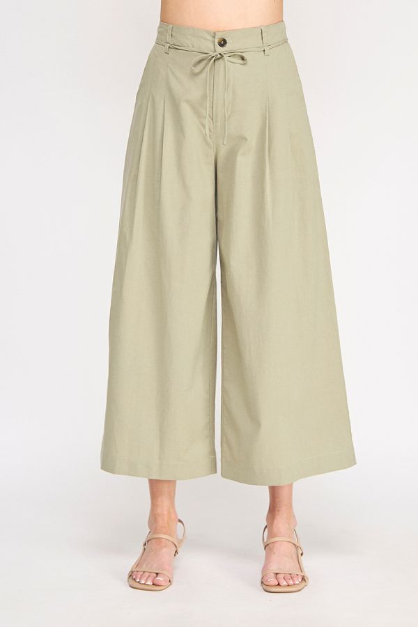 Woven Elastic Back Button Front Tie Waist Wide Leg Pleat Pant