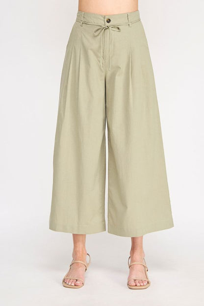 Woven Elastic Back Button Front Tie Waist Wide Leg Pleat Pant
