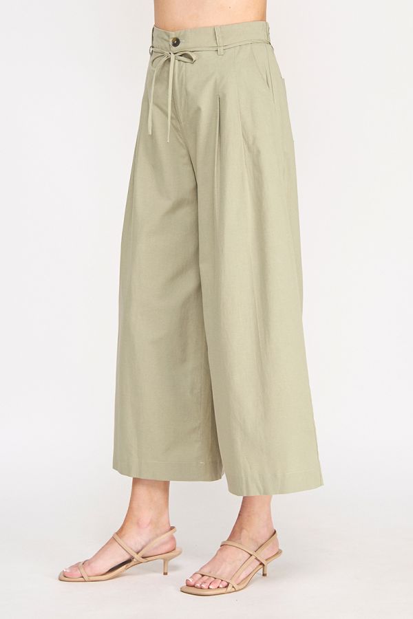 Woven Elastic Back Button Front Tie Waist Wide Leg Pleat Pant