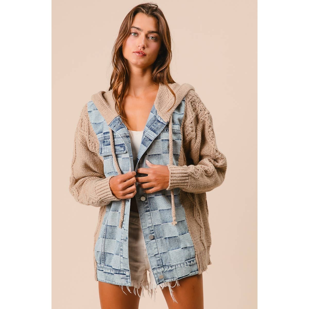 WASHED CHECKER DENIM AND SWEATER HOODED JACKET