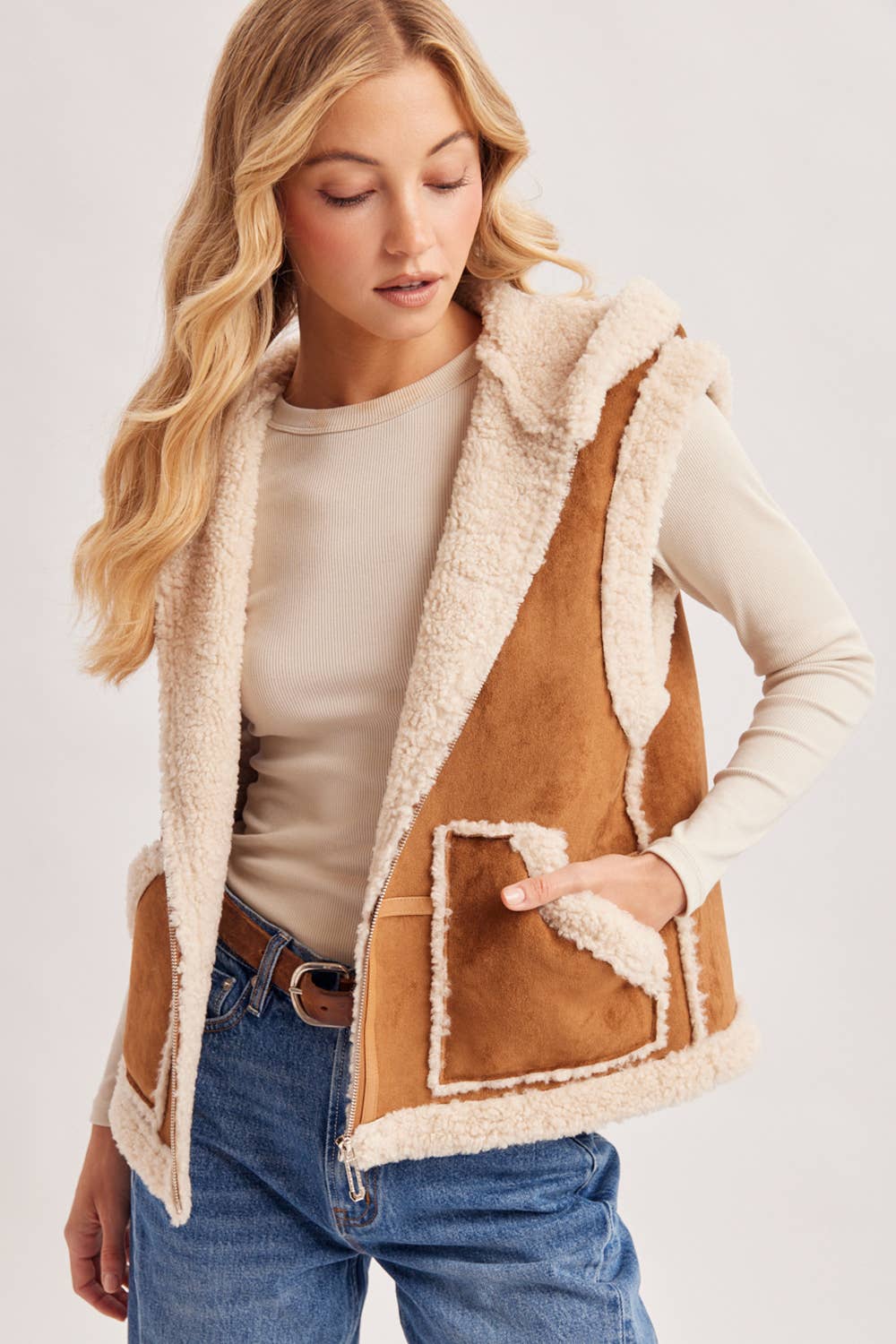 ZIPPER FRONT SHEARLING SUEDE HOODED VEST