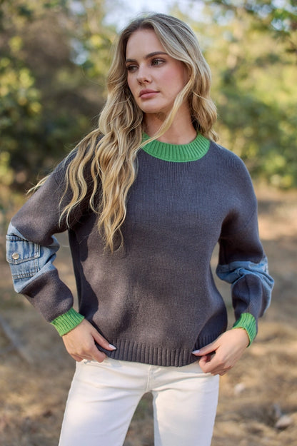 Knit Sweater Top with Denim Pockets