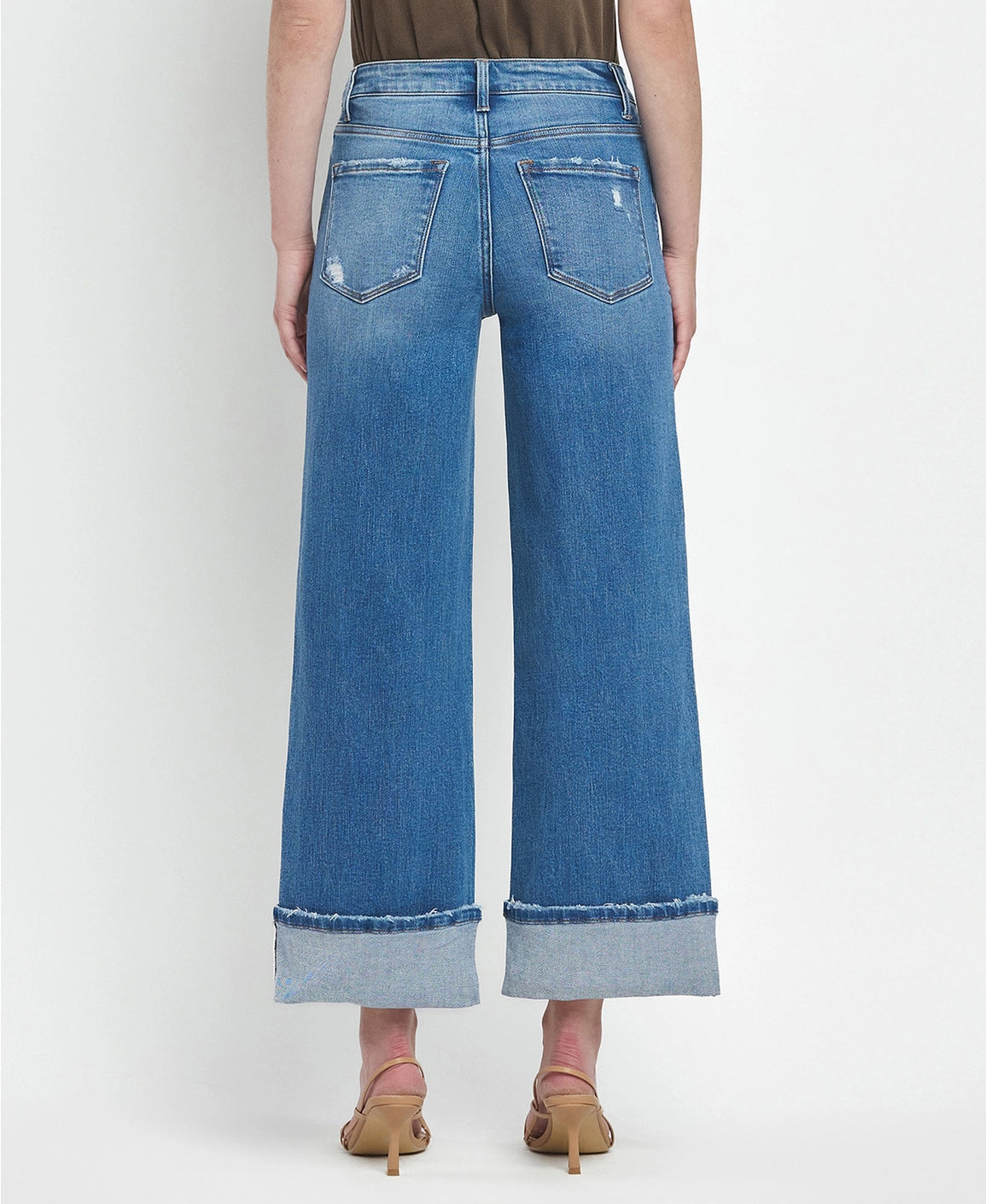 High Rise Medium Wash Cuffed Wide Jeans