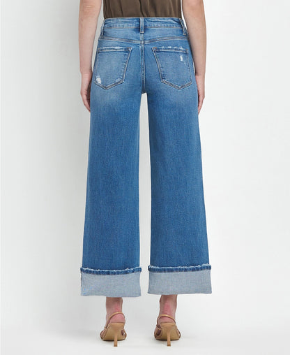 High Rise Medium Wash Cuffed Wide Jeans