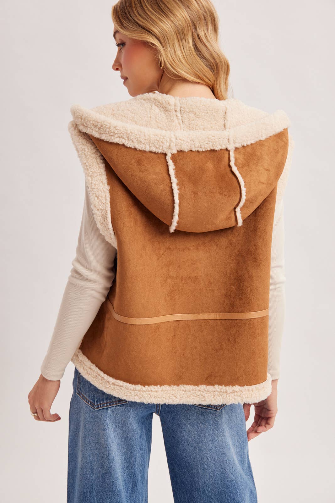 ZIPPER FRONT SHEARLING SUEDE HOODED VEST