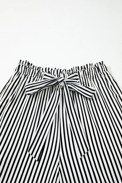 Black Stripe Tied High Waist Loose Straight Casual Pants