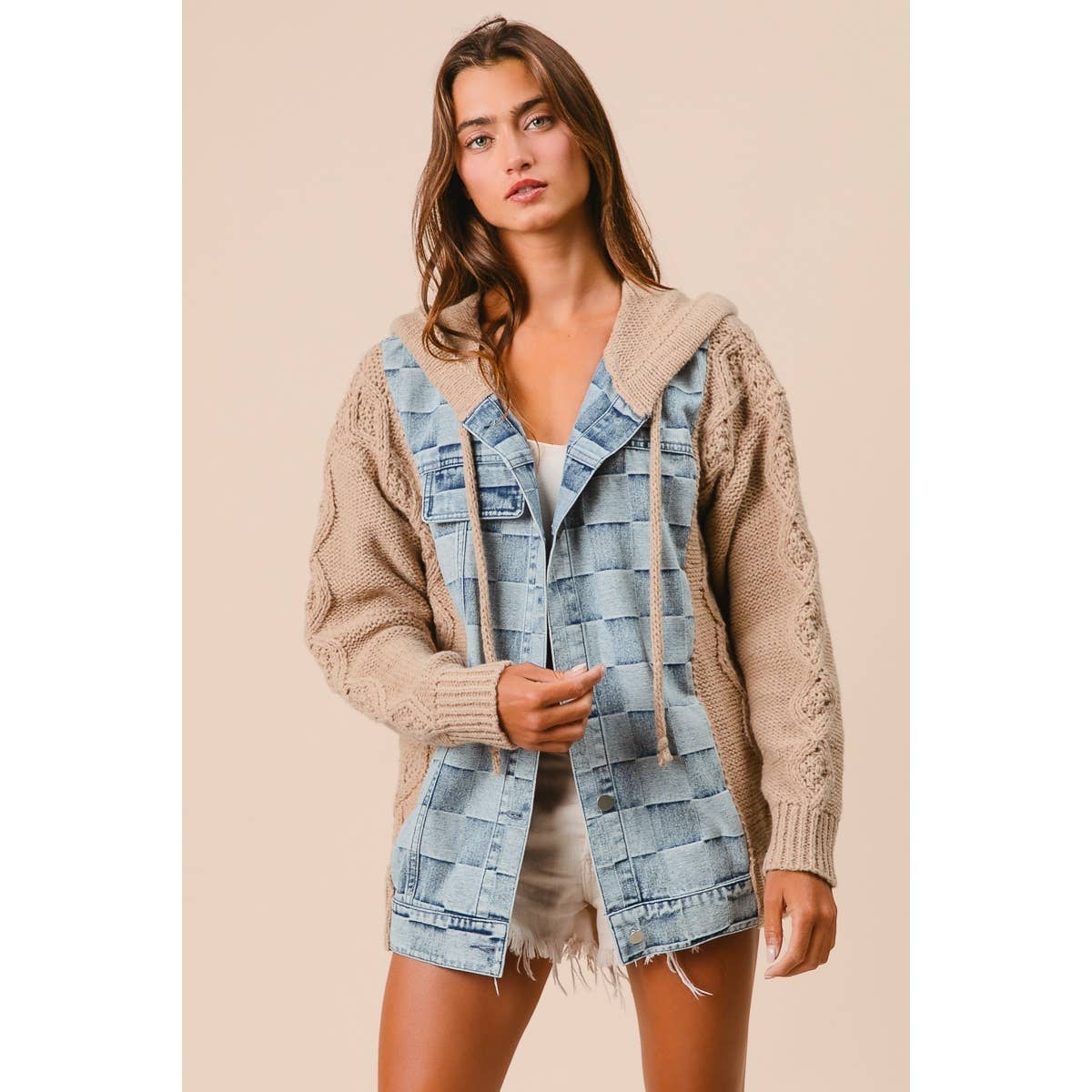 WASHED CHECKER DENIM AND SWEATER HOODED JACKET