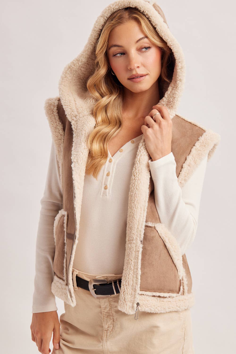 ZIPPER FRONT SHEARLING SUEDE HOODED VEST