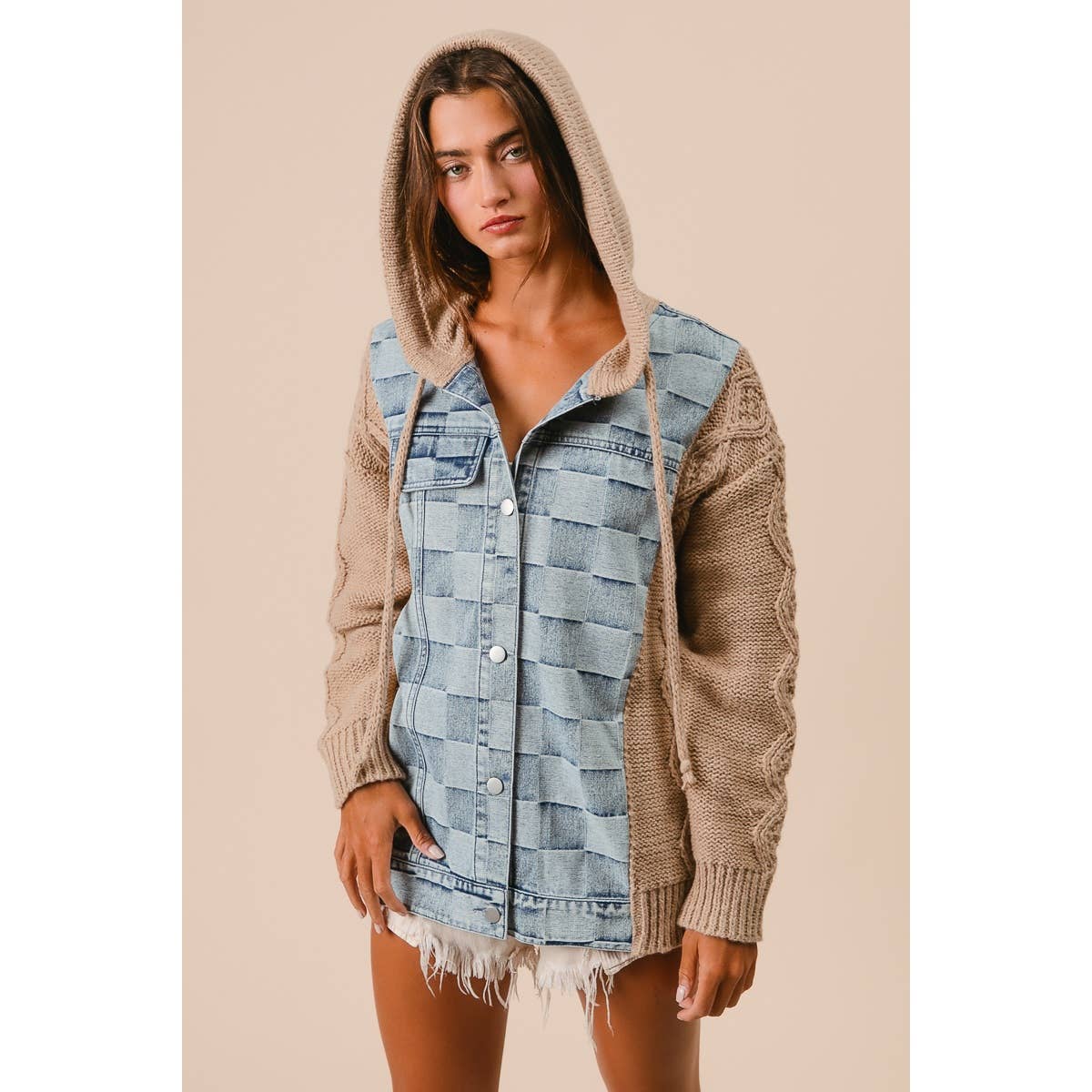 WASHED CHECKER DENIM AND SWEATER HOODED JACKET