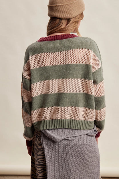 TEXTURED STRIPE KNIT SWEATER-GREEN