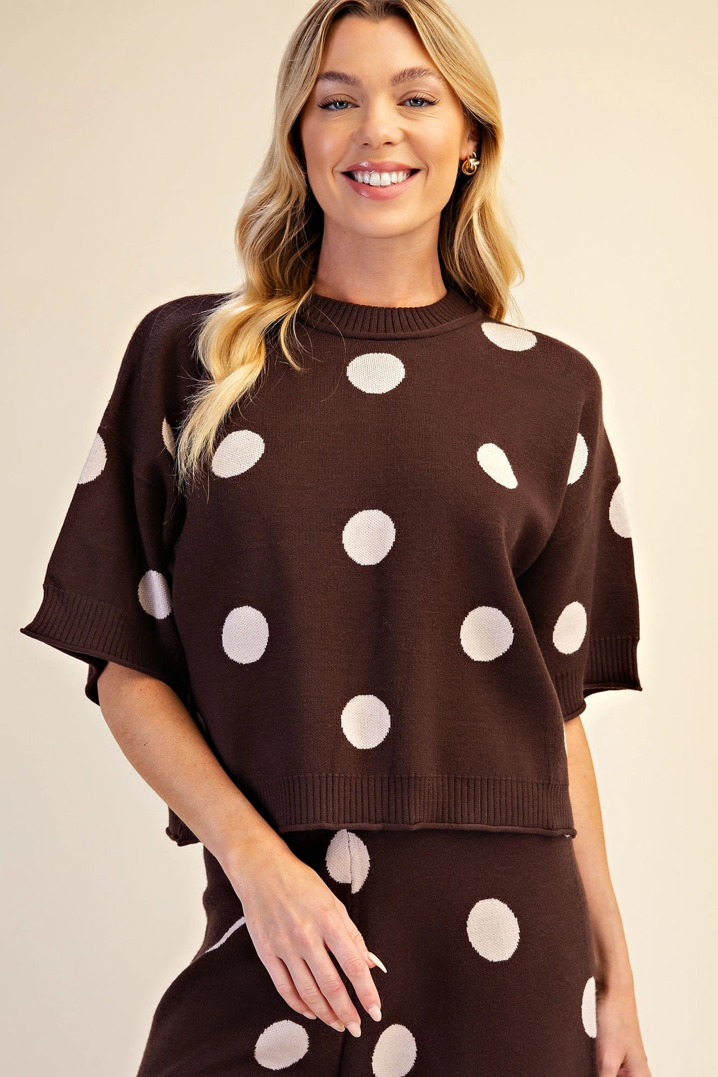 Polka Dot Sweater Round Neck Short Sleeve (brown)