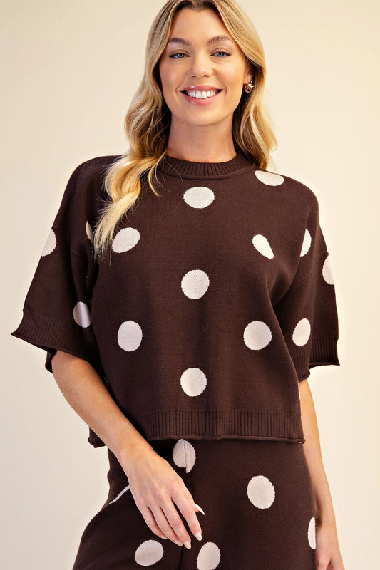 Polka Dot Sweater Round Neck Short Sleeve (brown)