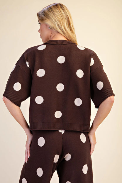 Polka Dot Sweater Round Neck Short Sleeve (brown)