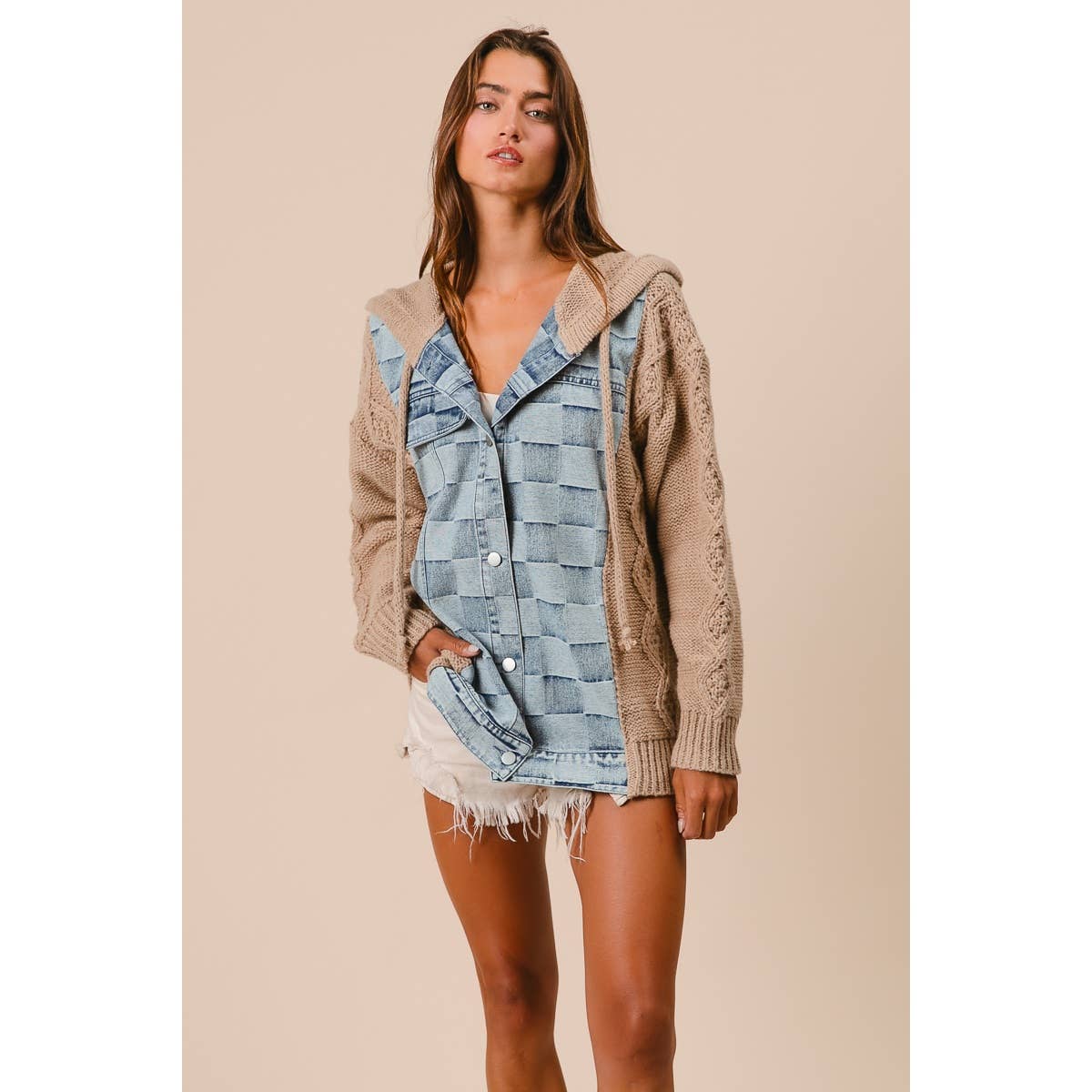 WASHED CHECKER DENIM AND SWEATER HOODED JACKET