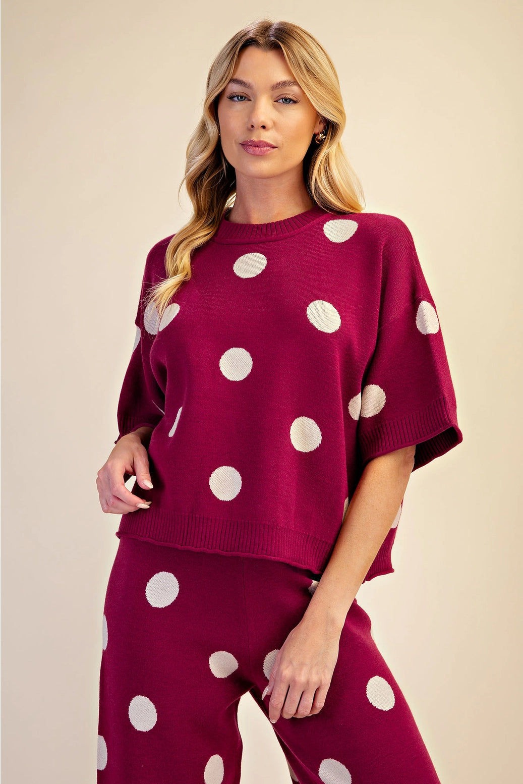 Polka Dot Sweater Round Neck Short Sleeve (burgandy)