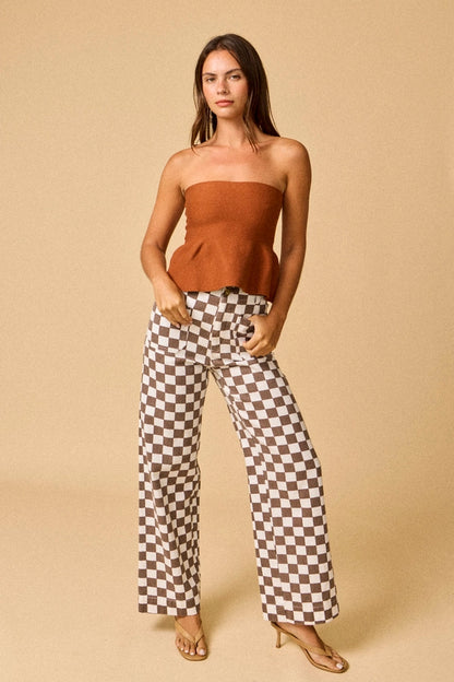 DEMI CHECKERED BOTTOMS W ELASTIC BAND - CINNAMON
