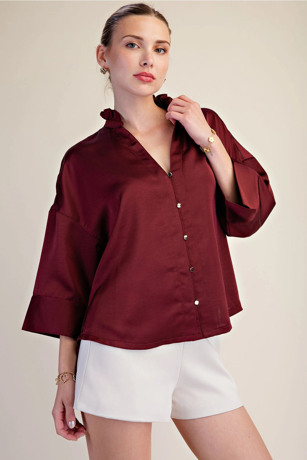 V-Neck Metal Button Down Shirt