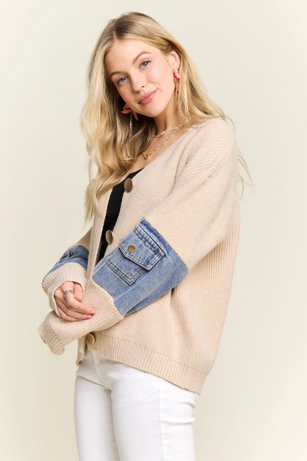 KNIT JACKET WITH DENIM POCKETS