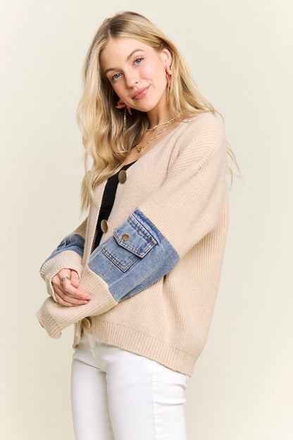 KNIT JACKET WITH DENIM POCKETS