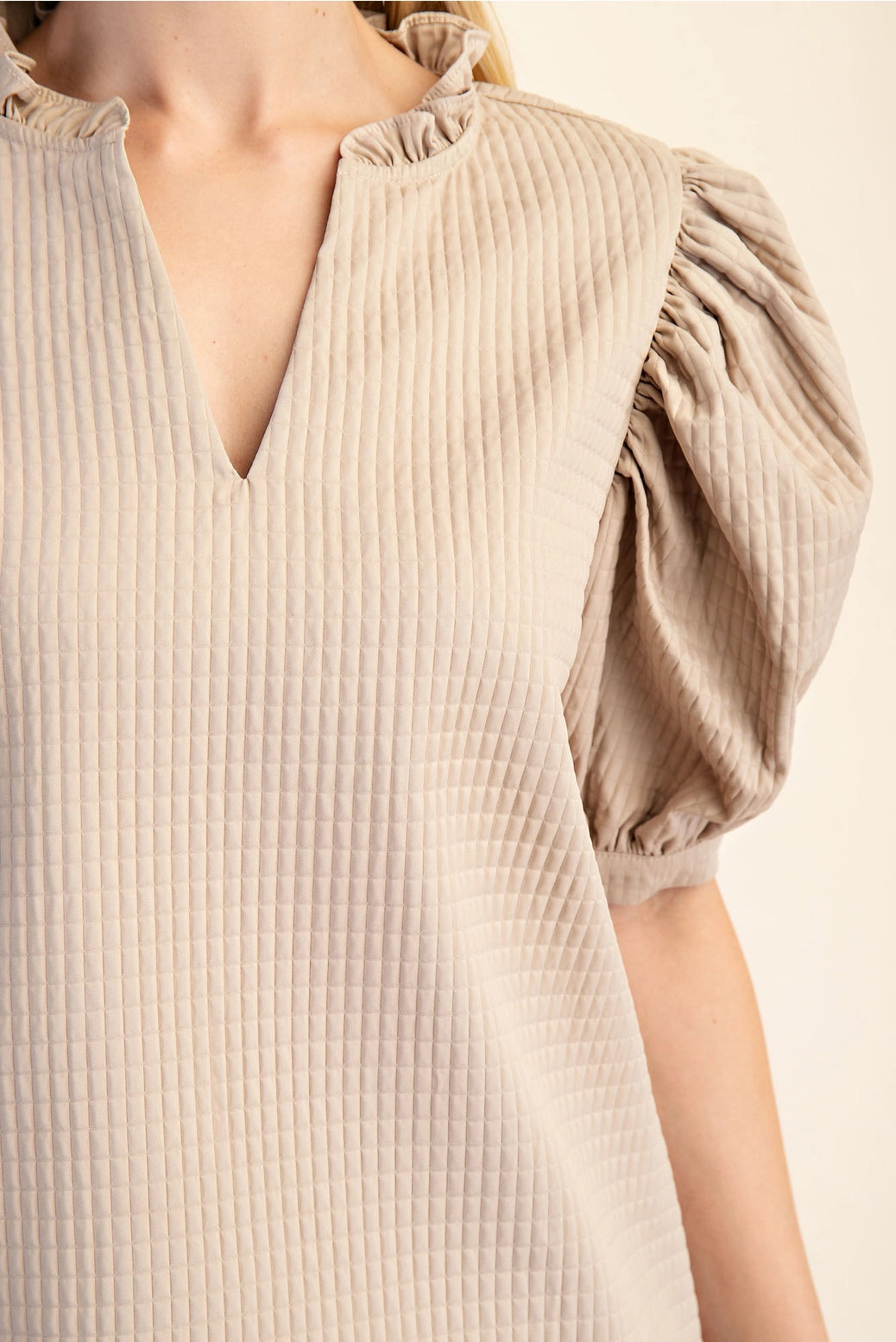 Puff Sleeve Ruffle V-Neck Textured Top