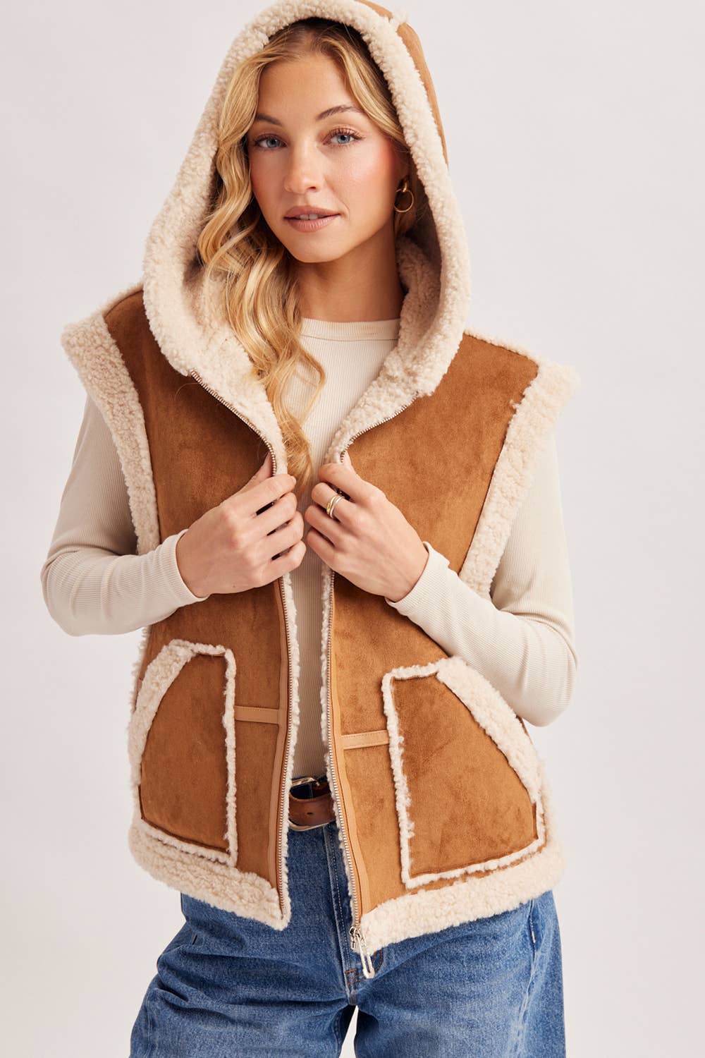 ZIPPER FRONT SHEARLING SUEDE HOODED VEST
