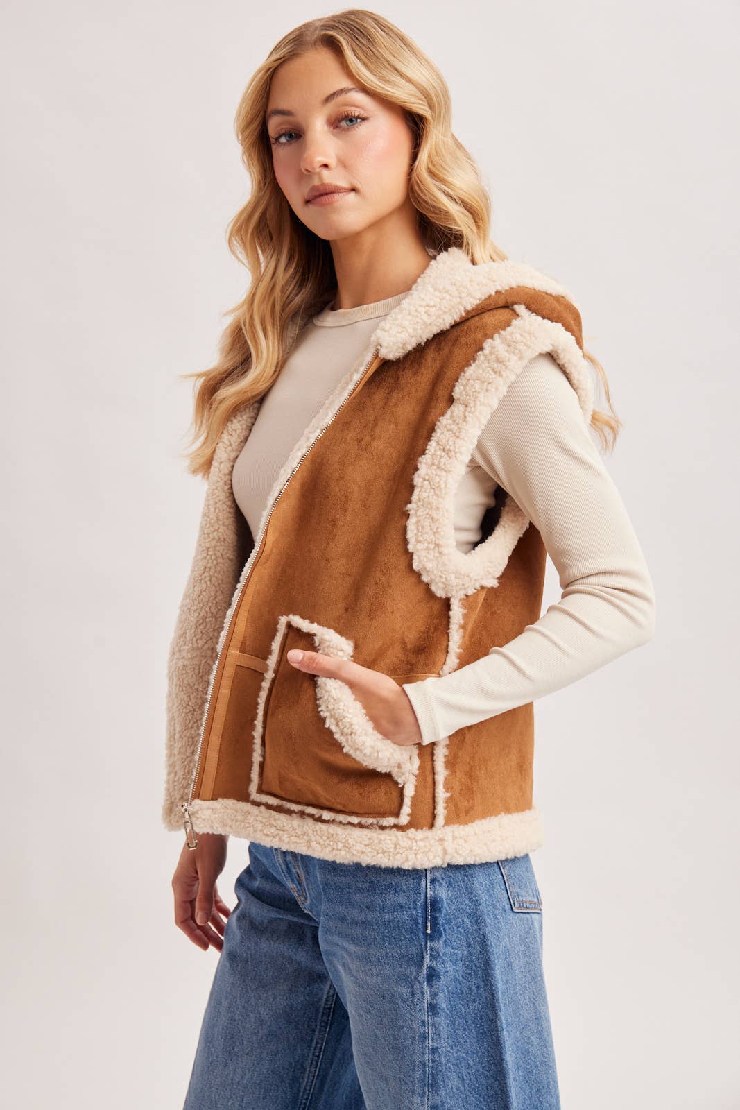 ZIPPER FRONT SHEARLING SUEDE HOODED VEST