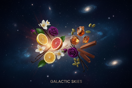 Galactic Skies is a bold, masculine fragrance that captures the mystery of the night sky with a deep, sophisticated blend of fresh citrus and warm woods. Bright notes of bergamot, lemon-lime spritz, and grapefruit open the scent with an energizing burst, while subtle hints of rose bud, melon, and jasmine add unexpected depth and balance. The fragrance settles into a rich, intoxicating base of exotic amber, smooth sandalwood, creamy vanilla, and spicy cardamom, creating a powerful, refined aroma that’s both 