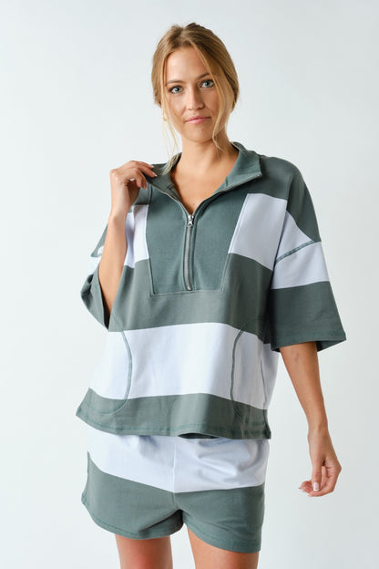 Striped Half-Zip Shorts Set