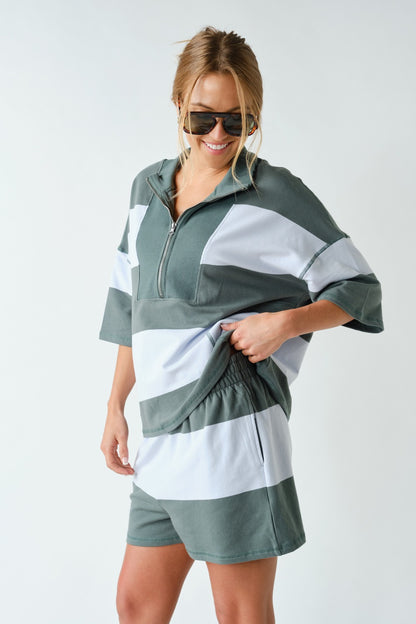 Striped Half-Zip Shorts Set
