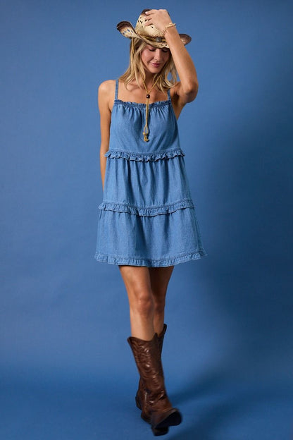 SLEEVELESS RUFFLE DETAIL DENIM MINI DRESS