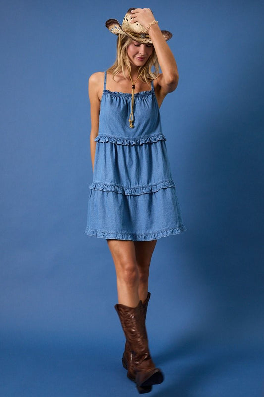 SLEEVELESS RUFFLE DETAIL DENIM MINI DRESS