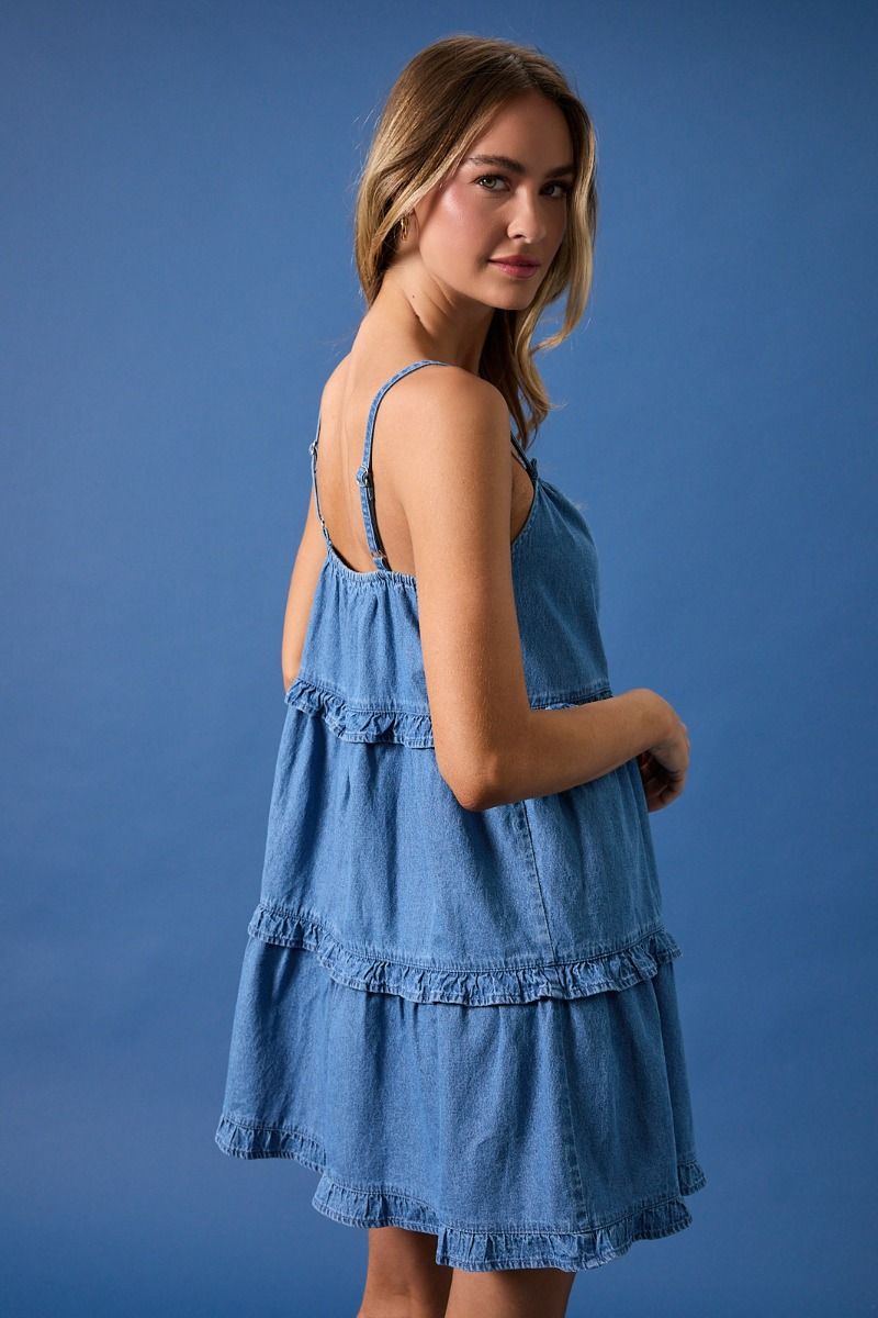 SLEEVELESS RUFFLE DETAIL DENIM MINI DRESS
