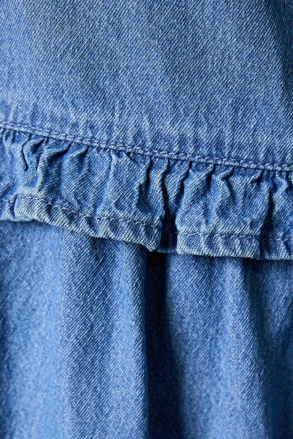 SLEEVELESS RUFFLE DETAIL DENIM MINI DRESS