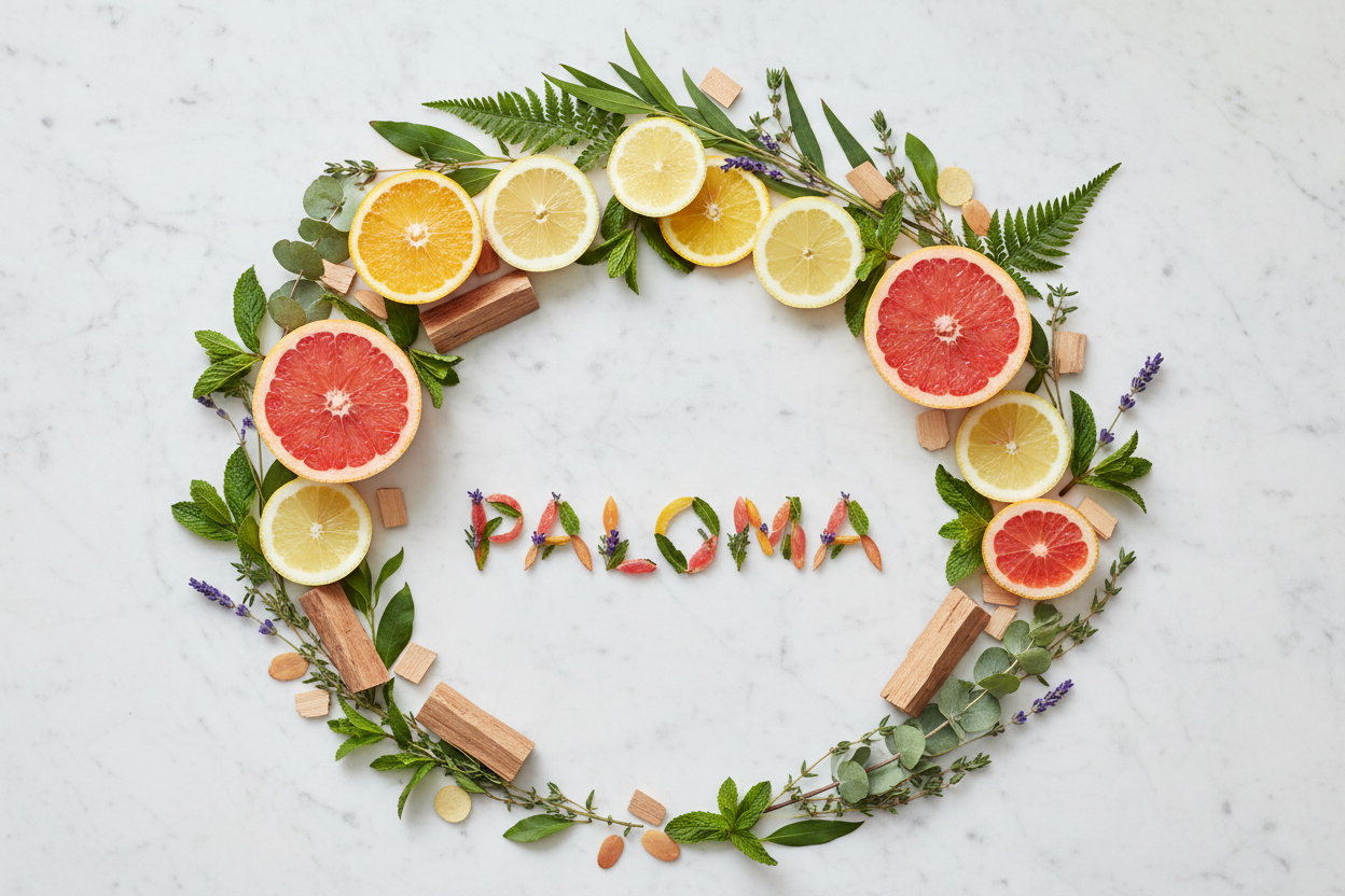 PALOMA -Features a refreshing, summery fragrance that blends zesty grapefruit, bergamot, and lemon with aromatic mint, thyme, and lavender, rounded out by sophisticated cedarwood and green leaves for a vibrant, patio-ready scent. add the word paloma to image creation 
