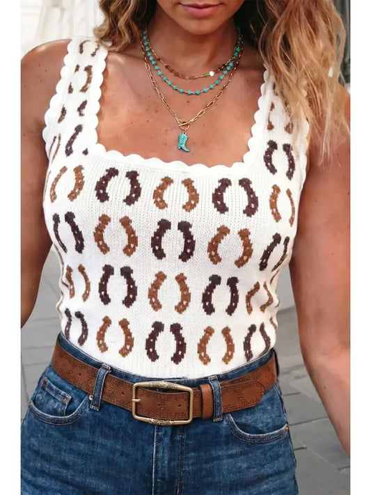 Western Print Scalloped Trim Sweater Vest