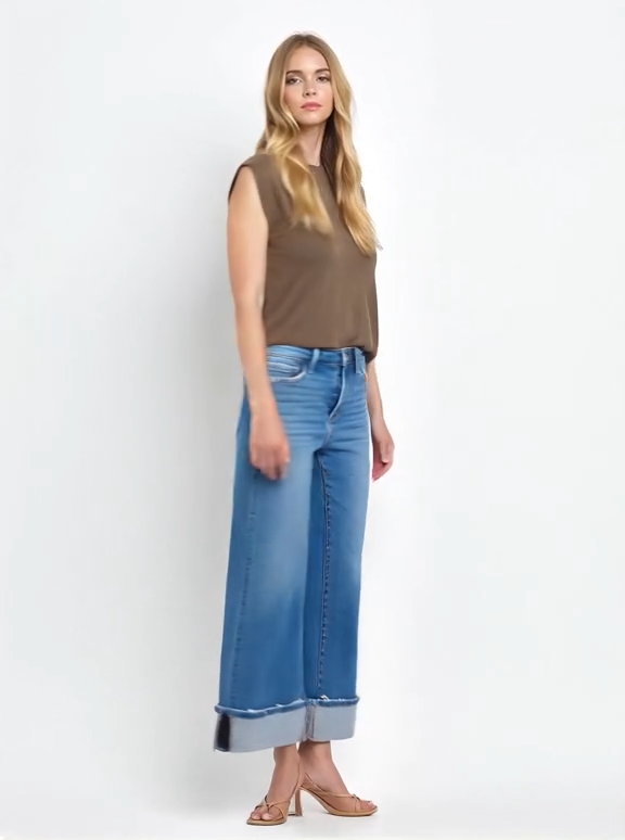 High Rise Medium Wash Cuffed Wide Jeans