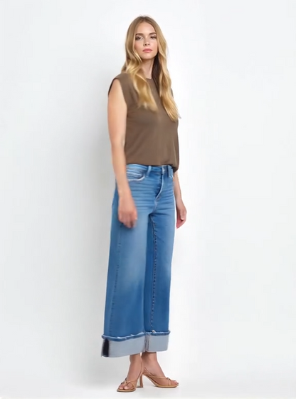 High Rise Medium Wash Cuffed Wide Jeans
