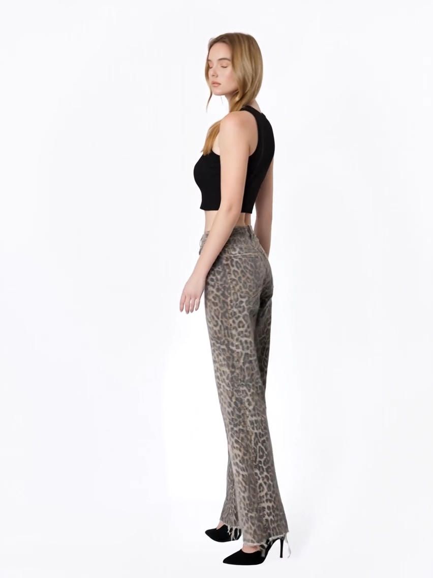 FLYING MONKEY HIGH RISE SIDE SEAM DETAIL LEOPARD WIDE LEG JEAN
