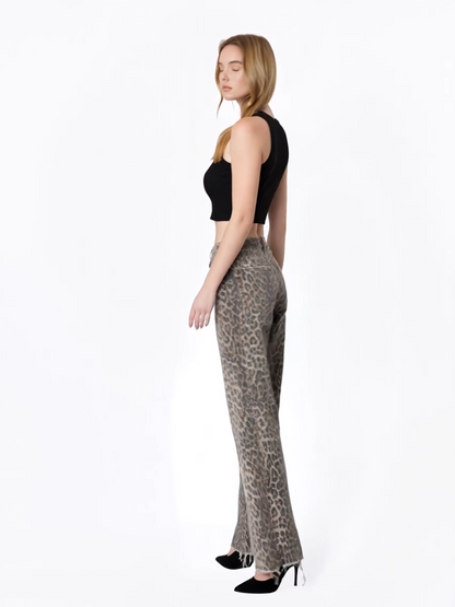 FLYING MONKEY HIGH RISE SIDE SEAM DETAIL LEOPARD WIDE LEG JEAN